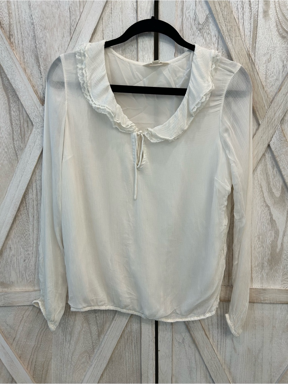 Lucky Brand Cream Ruffle Collar Sheer Long-Sleeve Blouse